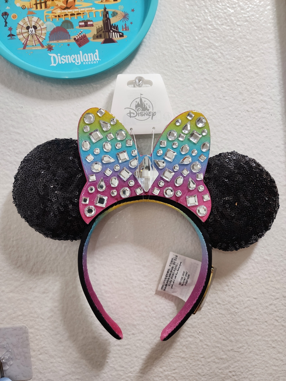 Disney Black Sequin Minnie Ears Headband with Rainbow Gem Bow